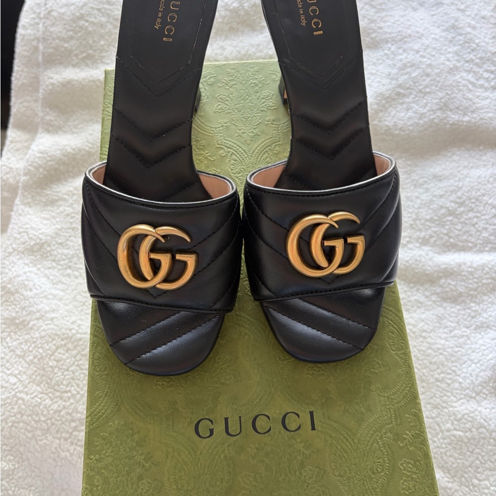 Gucci GG Marmont Mid Heel Slide Sandals Black Matelasse Leather Gold Hardware